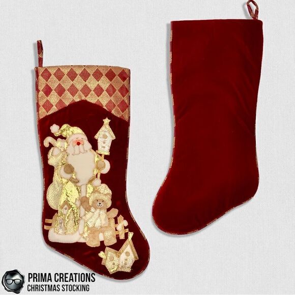VINTAGE CHRISTMAS STOCKING FELT APPLIQUÉD SANTA & GIFTS ON VELVET IN RED & GOLD - Picture 2 of 13